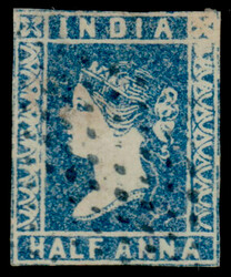 India 1854 QV ½a blue, imperf, die I, thread on plate resulting in ...