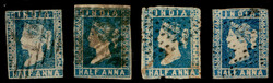 India 1854 QV ½a blue, imperf x 4 used examples, unchecked for die