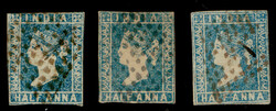 India 1854 QV ½a blue, imperf x 3 used examples, unchecked for die