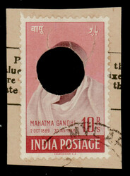 India 1948 Gandhi 10r, used on piece with punch hole, obliterating ...