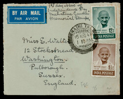 India 1948 (Aug 15) Gandhi 1½a + 12a on FDC from Nainital to UK. SG ...