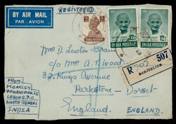 India 1948 Gandhi 12ax2 + GVI 4a used on registered commercial cover ...