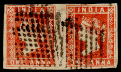 India 1854 QV 1a deep red, imperf, die I, horizontal pair, with ...