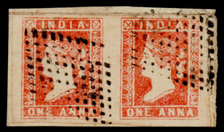 India 1854 QV 1a red, imperf, die I, horizontal pair on small piece, ...