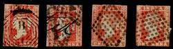 India 1854 QV 1a red, imperf x 4 used examples, unchecked for die