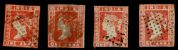 India 1854 QV 1a red, imperf x 4 used examples, unchecked for die