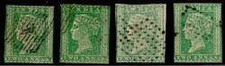 India 1854 QV 2a green (shades), imperf x 4 used examples. SG 31 £360