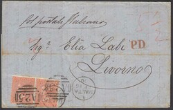 1870 entire to Livorno, Italy franked pair 4d vermilion, CD-CE, pl.11 ...