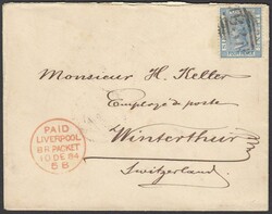 1884 cover to Switzerland franked perf 14, watermark Crown CC 4d tied ...