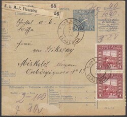1903 8 heller parcel card to Miskolez, Hungary, up-rated pair 1k + ...