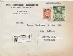 Eritrea: 1949 registered cover to London franked 20c. on 2d. and ...