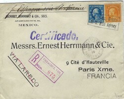 (Post Agencies in Mexico) 1914 (25.V.) registered printed envelope to ...