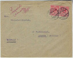 1915 (27.4.) cover to Arnhem, Holland franked pair Gold Coast 1d. ...