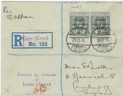 1915 (29.12.) registered cover to Cambridge franked 2d. grey pair ...