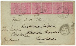 (Natal) 1887 cover to England franked horizontal strip of six 1d. ...