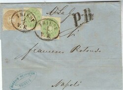 1865 large part outer letter sheet to Naples franked two 3kr. perf 14 ...