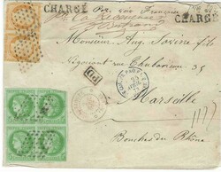 1873 (2 Avril) charge cover to Marseille franked 1871-76 Ceres 5c. ...
