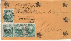 1880 (15 Mayo) registered orange envelope to Lima franked 1876 Arms ...