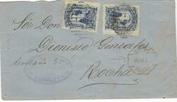 1880s blue envelope from Montevideo to Rocha franked 1883 Gen. Santos ...