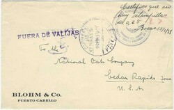 1938 (15.2.) stampless envelope from Puerto Cabello to USA endorsed ...