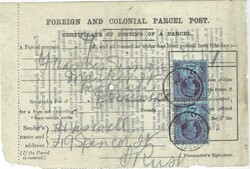 1894 ‘FOREIGN AND COLONIAL PARCEL POST’ certificate of posting ...