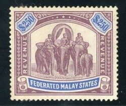MALAYSIA: Federated Malay States Revenue 1922 $250 violet and blue, ...