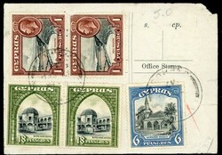 CYPRUS: 1937: Small Parcel Post reccipt franked with 1934 pair 1 pi, ...