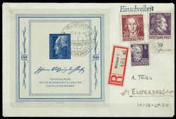 1949, Goethe-Block mit Zusatzfrankatur auf um 2 Pfg. überfrankiertem ...