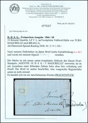 1866, 10 Kr. blasslila mit blauem Ovalstempel von T. Magurelle auf ...