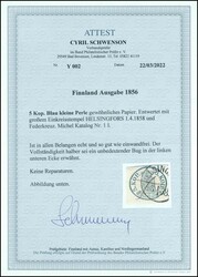 1856, 5 Kop. blau, kleine Perlen, mit großem K1 von Helsingfors und ...