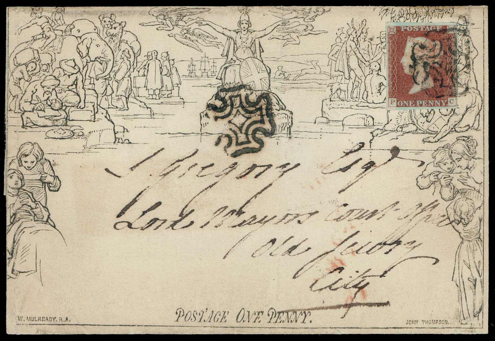 1842, 1 P. rotbraun, vollrandig mit schwarzem MX auf 1 P.-Mulready ...