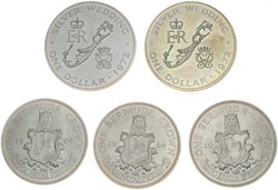 1964/72, Lot von 5 Silbermünzen mit 1 Crown 1964 (3) und 1 Dollar ...
