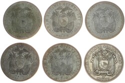 1943/44, Lot von 6 Silbermünzen 5 Sucres, je 3mal pro Jahrgang, ...