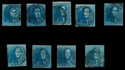1849, 20 C. blau, 9 vollrandige feinste Werte, dabei Farben und ...