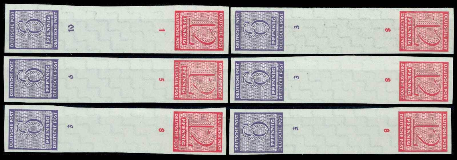 1945, 6 Pfg. + Z + Z + 12 Pfg., Ziffern ungezähnt, Engros-Lot mit 6 ...