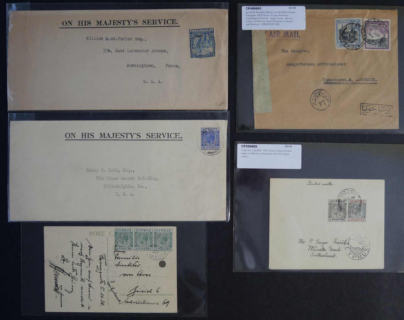 1928-1948, 6 Belege, dabei 3mal OHMS und Zensurbrief nach Kopenhagen, ...