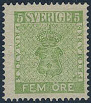 Sweden, Facit 7f1 or Scott 6 **, 5 öre light yellow-green, ...