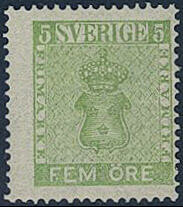 Sweden, Facit 7f2 or Scott 6 **, 5 öre light yellow-green, ...