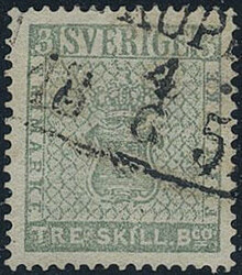 Sweden, Facit 1F used, 3 skill green. Sperati forgery, cancelled 4.6 ...