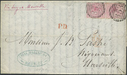 Mauritius, Mi 30 or SG 62 cover, Q V 4 p in pair on cover cancelled ...