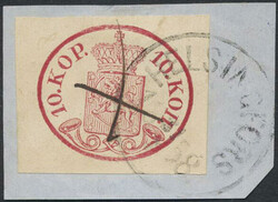 Finland, Facit 2 or Scott 2 brevstycke, 1856 Oval stamps 10 k carmine ...