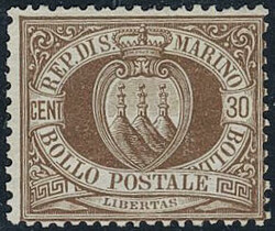 San Marino, Michel 4 or Scott 15 *, 1877 Coal-of-Arms 30 c brown. ...