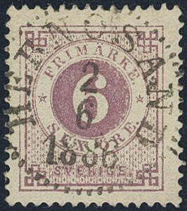 Sweden, Facit 31i or Scott 31a used, 6 öre red-lilac on soft paper. ...