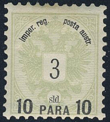 Austria, P.O. in Levant, Michel 14 II *, 1886 10 Pa on 3 sld green. ...