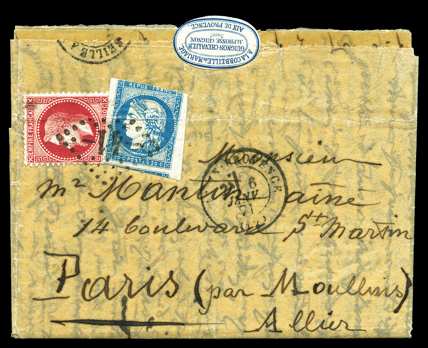 Rare affranchisement: 20c Bordeaux type I Rep 1 (N°44A) et 80c ...