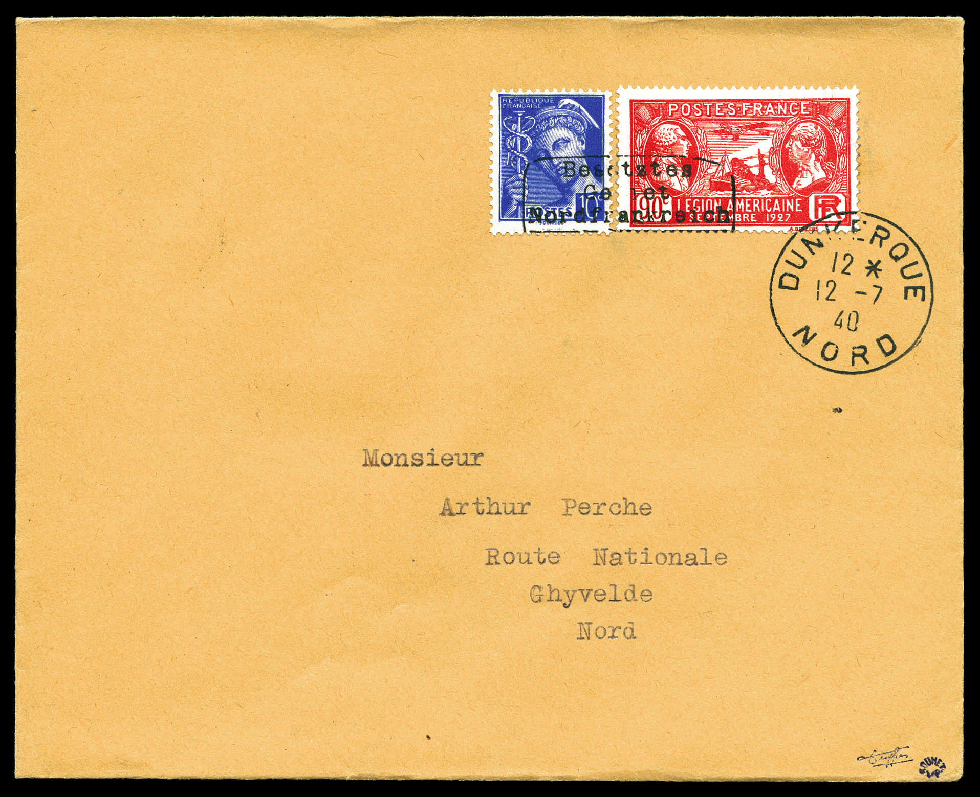 N°407 et 244 surchargés Dunkerque, oblitération du 2 juillet 1940 ...