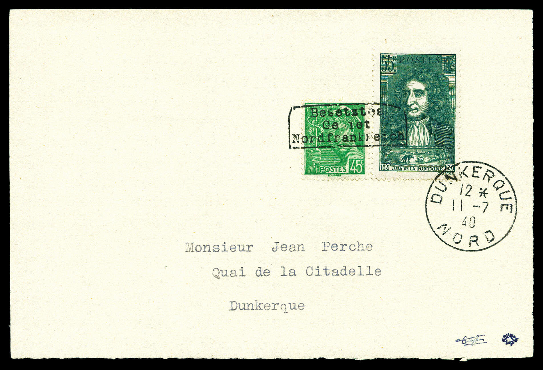 N°414 et 397 surchargés Dunkerque, oblitération du 11 juillet 1940 ...