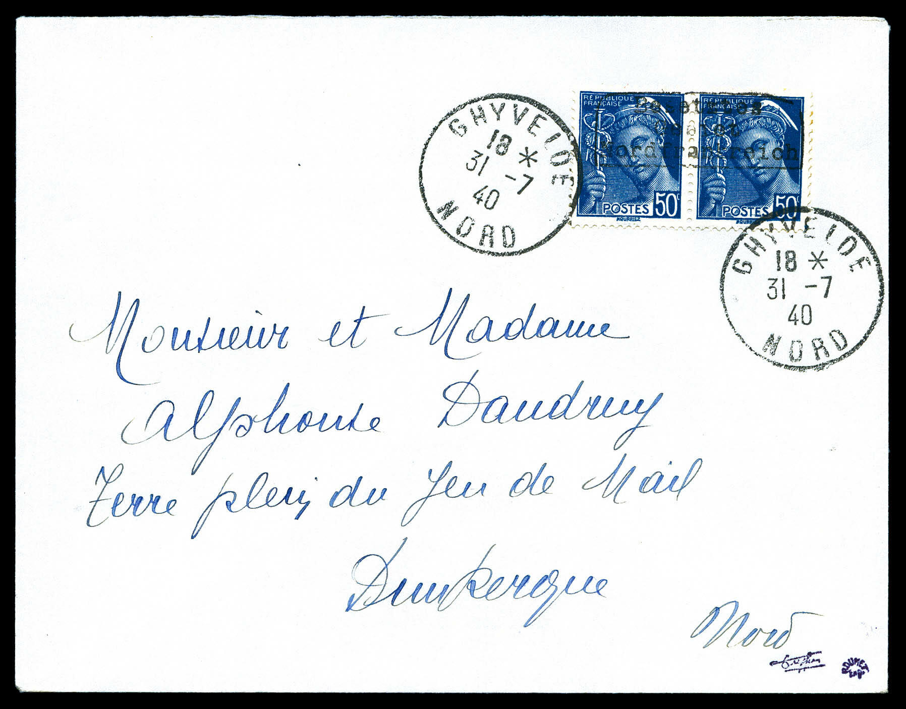 N°4, N°414A en paire bdf surchargée Dunkerque, oblitération du 31 ...