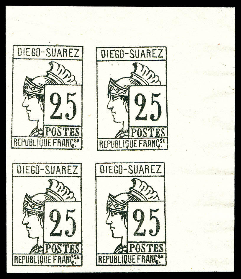 N°9, 25c gris-noir en bloc de quatre coin de feuille, fraîcheur ...