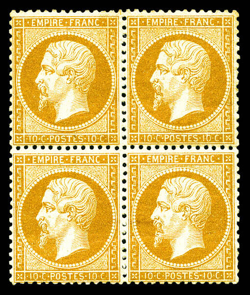 N°21, 10c bistre en bloc de quatre (1ex**), bon centrage, frais, TTB ...